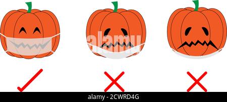 Concepts of how to wear protective mask and correctly. Illustration of pumpkin wearing protective hygeinic mask correctly and incorrectly. Vector illu Stock Vector