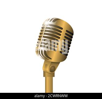 Retro vintage metal microphone on stand on white background. Mic with flare. Music, voice, record icon. Recording studio symbol. Realistic gold style vector eps illustration Stock Vector