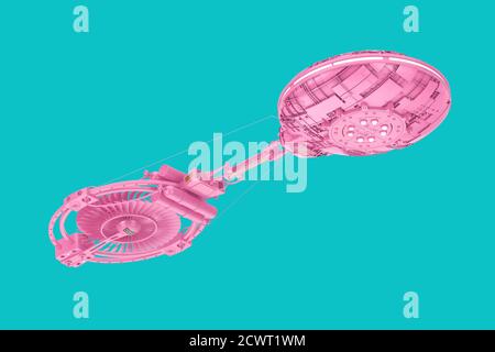 Pink Spaceship, Space Station or Alien UFO Spacecraft in Duotone Style on a blue background . 3d Rendering Stock Photo
