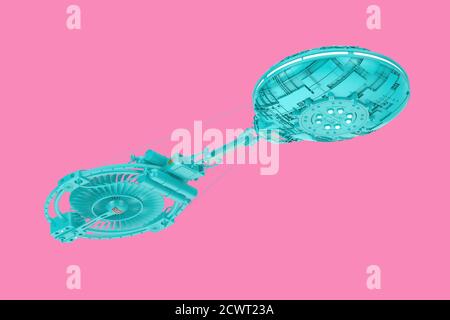 Blue Spaceship, Space Station or Alien UFO Spacecraft in Duotone Style on a pink background . 3d Rendering Stock Photo