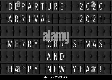 Airport Announcement Flip Mechanical Timetable with Hapy Merry Christmas and Happy New 2021 Year Sign extreme closeup. 3d Rendering Stock Photo