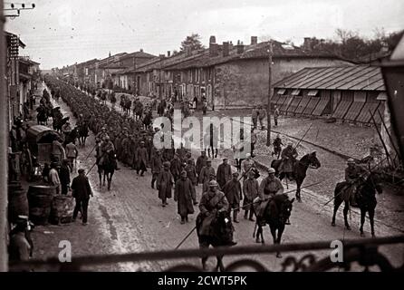 An archive picture taken October 25, 1916 shows French soldiers accompaning German soldiers, captured during the battle of Verdun, marching through Souilly Eastern France. A Viscount in the Armoured Cavalry Branch of the French Army left behind a collection of hundreds of glass plates taken during World War One that have never before been published. The images, by an unknown photographer, show daily life of soldiers in the trenches, destruction of towns and military leaders.     REUTERS/Collection Odette Carrez