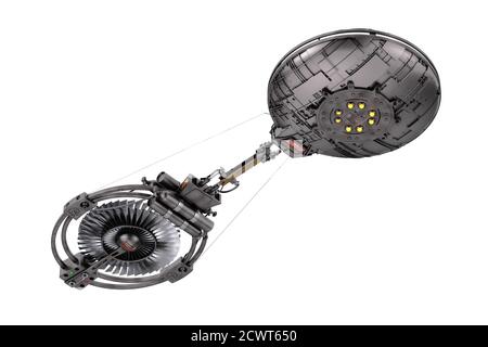 Spaceship, Space Station or Alien UFO Spacecraft in Flight on a white background . 3d Rendering Stock Photo