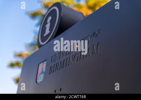 The University of Birmingham Campus sign against a blue sky. Stock Photo