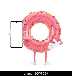 Big Strawberry Pink Glazed Donut Character Mascot with Modern Mobile Phone with Blank Screen for Your Design on a white background. 3d Rendering Stock Photo