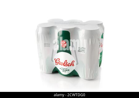 Six Pack of Grolsch beer isolated on white background. Alcoholic beverage Stock Photo