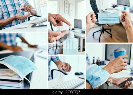 a collage of different pictures of some actions at the workplace during the covid-19 pandemic, such as the use of face masks, disinfecting hands with Stock Photo