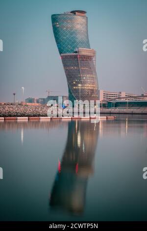 Capital Gate of Abu Dhabi during sunrise skyline Stock Photo