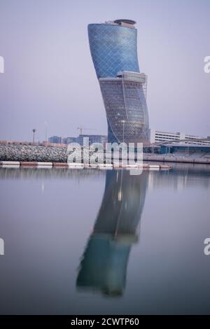 Capital Gate of Abu Dhabi during sunrise skyline Stock Photo