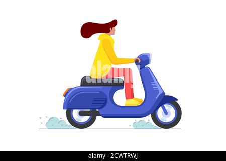 Female riding retro style scooter. Woman drives blue moped. Girl vintage motorcycle driver. Hipster on bike life in motion lifestyle vector eps illustration Stock Vector
