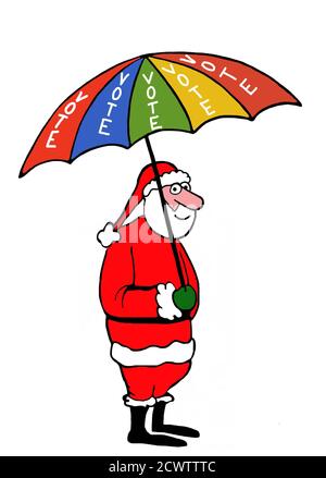 Color cartoon of Santa Claus holding an umbrella that reads VOTE. Stock Photo