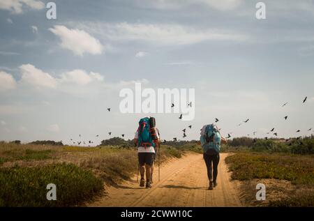Three hikers walk the trail along a dusty road on a countryside landscape, passing through a flock of crows taking off Stock Photo