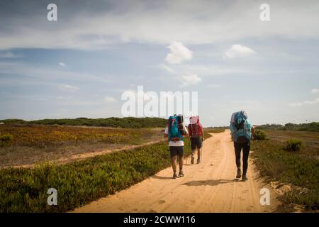 Three hikers with backpacks walk the trail along a dusty road on a countryside landscape Stock Photo