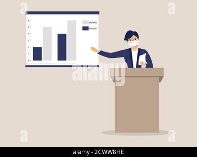 Speaker woman in protective face mask behind lectern make report and point to poster with diagram of growth of indicators during virus epidemic Stock Photo
