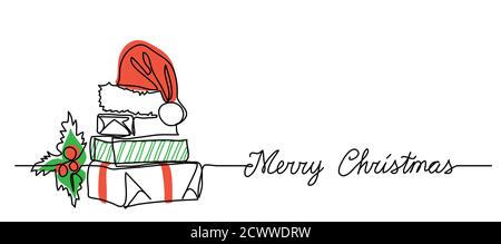 Xmas banner with gift box present package stack. One continuous line drawing with greeting text Merry Christmas. Simple illustration, background with Stock Vector