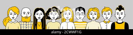 Group of people, men and women of different nations. Set of Asian, European, African cartoon simple portraits. Multiethnic society. Avatars. Black and Stock Vector