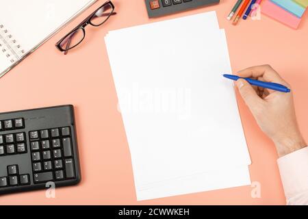 Businessman working with documents. Clipboard mockup template paperwork, financial reports, resume, modern office Desk Stock Photo