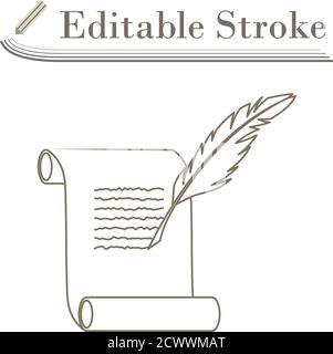 Feather And Scroll Icon. Editable Stroke Simple Design. Vector Illustration. Stock Vector