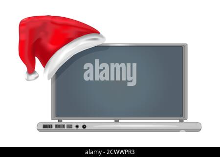 Christmas laptop isolated on white background. Christmas or New Year laptop with red santas hat. Special offer, winter sale. Stock vector illustration Stock Vector