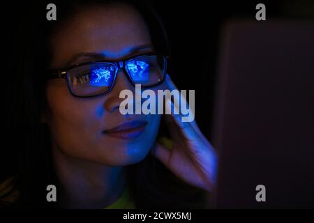Close up laptop reflection in eyeglasses of businesswoman working late
