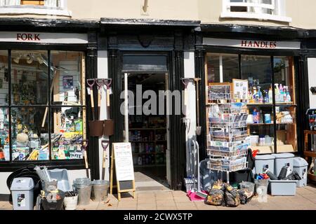 Teignnmouth, Devon, UK. September 17, 2020.   Hardware shop with the name' Fork Handles' a term used with referral to' Four Candles' in the comedy . Stock Photo