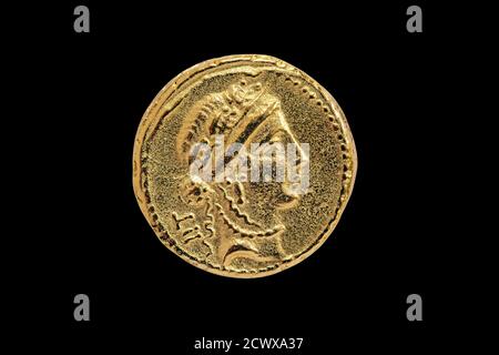 Roman Aureus Gold Coin replica of Julius Caesar with a probable head of the goddess Venus on the front struck between 48-47 BC cut out and isolated on Stock Photo