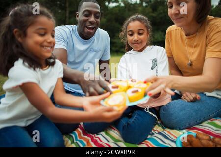 Family enjoying cupcakes on picnic blanket in park Stock Photo