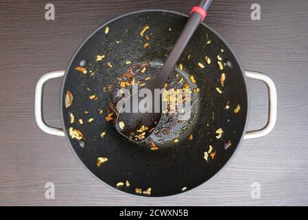 Pot or pan with leftover food, top view Stock Photo