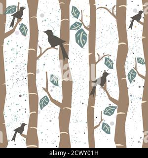 Seamless Tree Pattern with big birds and leaves. Vector Illustration. Stock Vector