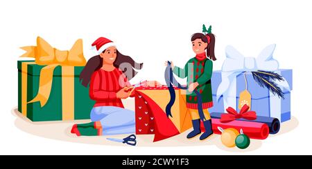 Happy mother and daughter in holiday costumes packing Christmas gifts. Mom and little girl preparing to New Year celebration. Vector flat cartoon char Stock Vector