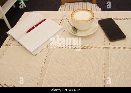 no concept. blank page, cup of coffee, pencil Stock Photo