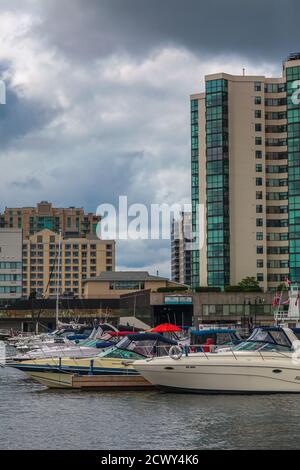 Kingston, Ontario, August 2014 - Boats in the marina of Kingston waterfront, with buildings in the background. Vertical shot Stock Photo
