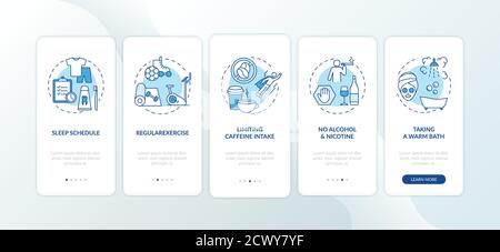 Healthy sleep hygiene blue onboarding mobile app page screen with concepts Stock Vector