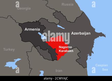 Armenia-Azerbaijan conflict in Nagorno-Karabakh on outline geographic map. Stock Photo
