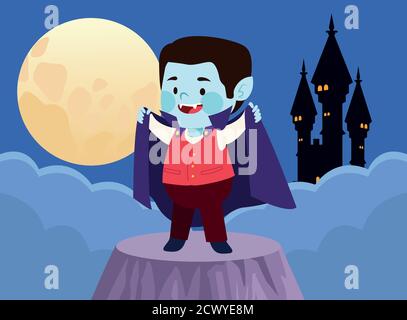 cute little boy dressed as a dracula character and castle vector illustration design Stock Vector