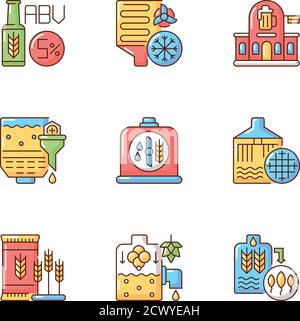 Beer production technology RGB color icons set Stock Vector