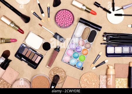 Holiday party makeup cosmetics set. Various make-up products layout Stock Photo