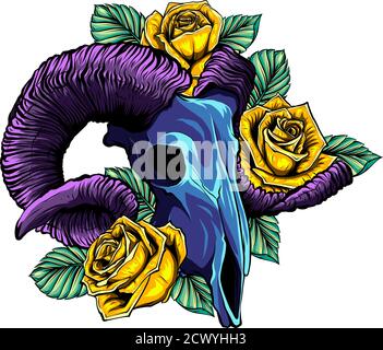 Hand Drawn goat skull with roses doodle vector illustration. Stock Vector