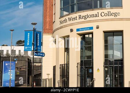 Derry, Northern Ireland- Sept 19, 2020: The front entrance and sign for the North West Regional College in Derry Northern Ireland. Stock Photo