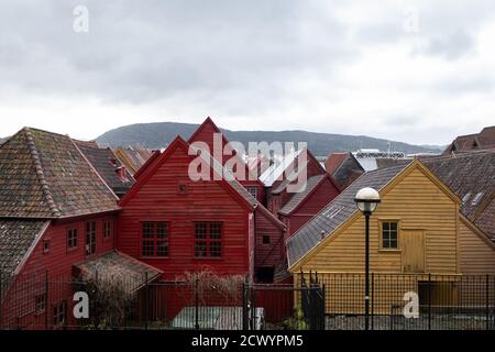 Bryggen Bergen Norway old town houses with triangular roofs and colorful facades. Stock Photo