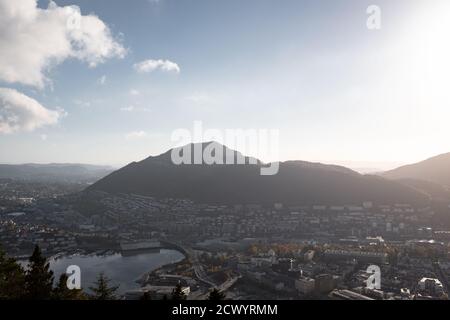 Mountains with cityscape from high angle. Bergen, Norway. Stock Photo