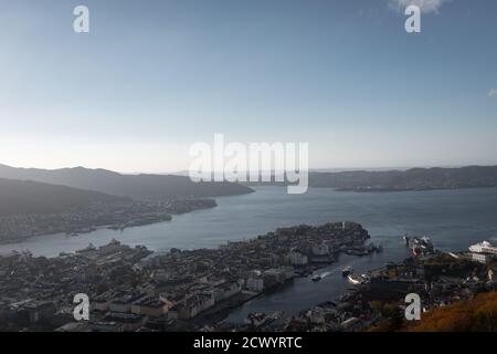 Cityscape of Bergen Norway looking at fjord and mountains. Aerial view. Stock Photo