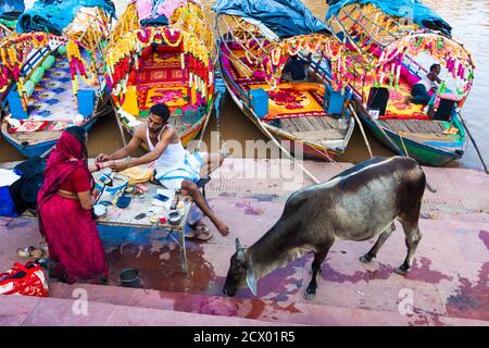 Chitrakoot, Madhya Pradesh, India : A priest knots a thread bracelet to the wrist of a pilgrim woman next to a cow and colourful boats lining near the Stock Photo