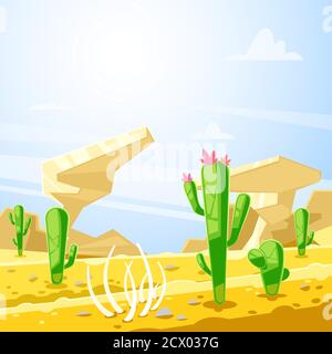 Desert landscape, vector illustration. Cactuses, rocks and sand dunes cartoon background. Summer travel and adventures concept. Stock Vector