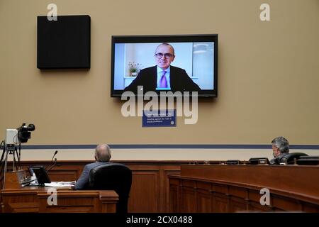 Washington, United States. 30th Sep, 2020. Dr. Giovanni Caforio, CEO of Bristol Myers Squibb, makes an opening statement remotely during the House Committee on Oversight and Reform Committee hearing to discuss unsustainable drug prices with CEO's of major drug companies on Capitol Hill in Washington, DC on Wednesday, September 30, 2020. Pool Photo by Greg Nash/UPI Credit: UPI/Alamy Live News Stock Photo