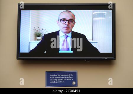 Washington, United States. 30th Sep, 2020. Dr. Giovanni Caforio, CEO of Bristol Myers Squibb, makes an opening statement remotely during the House Committee on Oversight and Reform Committee hearing to discuss unsustainable drug prices with CEO's of major drug companies on Capitol Hill in Washington, DC on Wednesday, September 30, 2020. Pool Photo by Greg Nash/UPI Credit: UPI/Alamy Live News Stock Photo