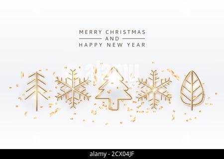 Christmas golden holiday decoration and design elements. Vector 3d illustration of Christmas tree, snowflakes and leaf isolated on white background. G Stock Vector