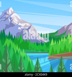 Lake in mountain valley, vector illustration. Landscape background. River surrounded by pine forest. Outdoor travel concept. Stock Vector