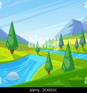 Summer, spring green landscape. Vector illustration of hills, meadows and mountains. Nature outdoor background. Stock Vector