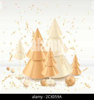 Christmas gold and white holiday decoration and design elements. Vector 3d illustration of golden Christmas tree, balls and confetti isolated on white Stock Vector